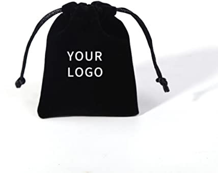 JFJLETY 50 Stück Schmuckbeutel Samtbeutel mit Kordelzug für Hochzeit, Weihnachten, Party, Dekoration, Wimpern, Make-up, Aufbewahrungstaschen, schwarz mit Logo, 5 x 7 cm