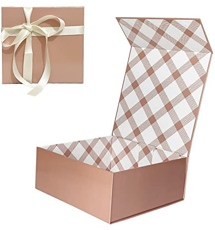 Tekhoho Roségold Geschenkbox 22x22x10cm, Premium Geschenkbox mit Magnetdeckel und Schleife für Feiertage Hochzeit Geburtstag Geschenkverpackung, Kariertes Futter