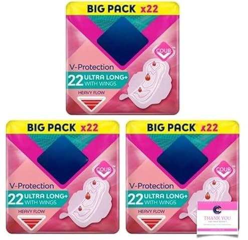 Bodyform Ultra lange Damenbinden mit Flügeln, 22 pro Packung, für starken Blutfluss, 3 Stück