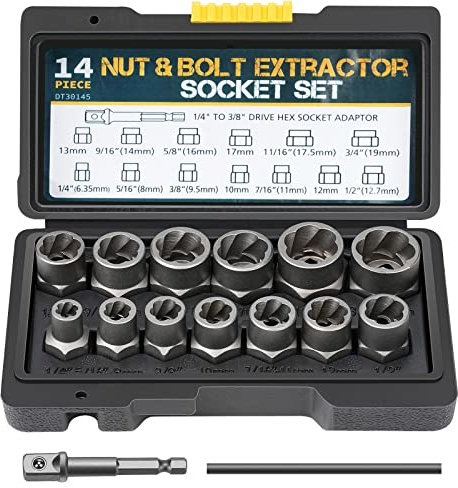 Jeu de Douilles Spiralées/Extracteur de Vis, 13 pièces Extracteurs de Boulons et écrous 1/4, 5/16, 3/8, 10mm, 7/16, 12mm, 1/2, 13mm, 9/16, 5/8, 17mm, 11/16 and 3/4