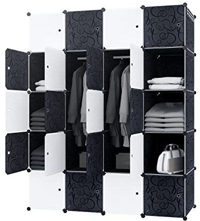 YRHome DIY Regalsystem Kleiderschrank Schrank Garderobenschrank mit Tür Steckregalsystem Garderoben Steckregal Standregal Schwarz Weiß (20 Boxen mit Kleiderschrank)