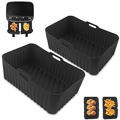 Fousenuk 2 Pcs Silikonform für Heißluftfritteuse, Wiederverwendbar Air Fryer Silicone Pot, Silikoneinsatz Rechteckig, Silikon Backpapier, Airfryer Zubehör für Backofen, Mikrowelle Kuchenbackform