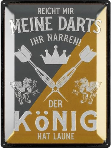LANOLU Targa XXL in metallo retrò DARTS – Der KÖNIG HAT LAUNE – Bar e cantina per feste, decorazione irlandese, regalo divertente per uomini, targa in metallo vintage con punzonatura e curvatura, 30 x