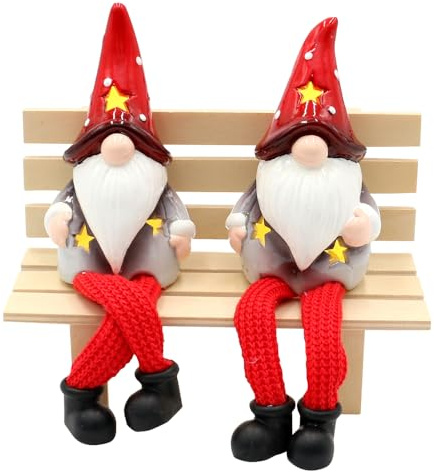Dekohelden24 ***LED Keramik Kantensitzer als Gnom - Wichtel mit Mütze in rot, grau und weiß, als 2er Set, L/B/H 6,3 x 5,8 x 19 cm