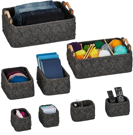 Relaxdays Panier de Rangement, 8 pièces, 4 Tailles différentes, boîte en Feutre, pour l’Armoire, Gris foncé