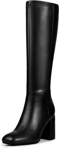 HEIFIN Black Knee High Boots for Women Faux Leather Tall Boots Chunky High Heel Square Toe Long Boots