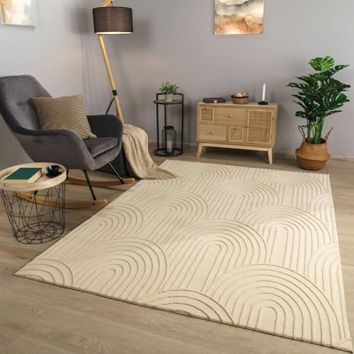 TT Home Wohnzimmer Teppich Esszimmer Kurzflor Geometrische Optik Skandi Boho Unifarben, Farbe:Beige Creme, Größe:160x220 cm