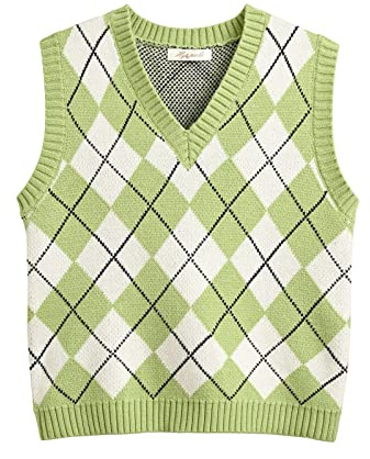 Hyipels Womens Argyle Sweater Vest,V-Neck Knit Sleeveless Plaid Preppy Style Crop Tank Top