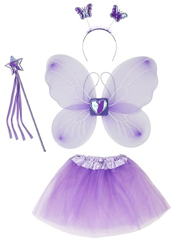 KarneLux Barn älvor kostym set 4 delar för flickor – fjäril, prinsessklädsel med tutu, vingar, trollstav och hårband för karneval och karneval – ålder 3–8 år