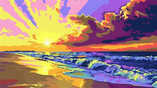 Malen Nach Zahlen, Malen Nach Zahlen Strand Paint by Numbers, DIY Sonnenuntergang mit Pinseln und Acrylfarben Handgemalt Ölgemälde Leinwand für Weihnachten Geschenke, Wanddeko, Ohne Rahmen (160x90cm)