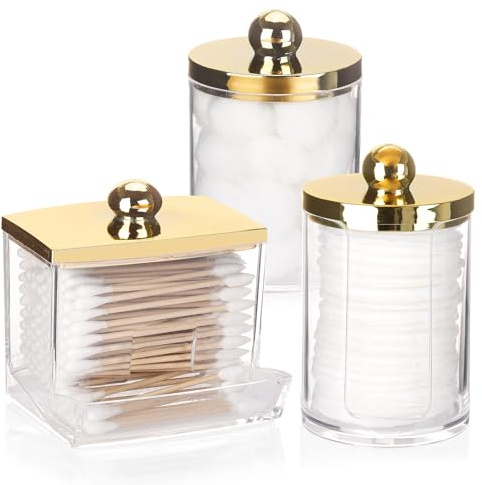 Tbestmax 3 Pack Qtips Dispenser - Bathroom Organizers and Storage Containers, Plastic Apothecary Jars with Gold Lids for Cotton Ball Swab Round Pads, Floss - Gold