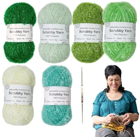 6 Skeins Scrubby Yarn for Dishcloths Crocheting, Polyester Dish Scrubby Yarn, Colorful Glitter Knitting Yarn Bundle with 1 Crochet, Assorted Colors Pastel Yarn for Dish Towel
