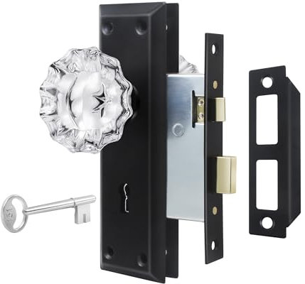 newliplace Upgraded Mortise Lock Set for Interior Door, Matte Black Vintage Style Crystal Glass Door Knobs with Lock and Skeleton Key, Old Style Door Knobs Reversible for Left & Right Handed Door