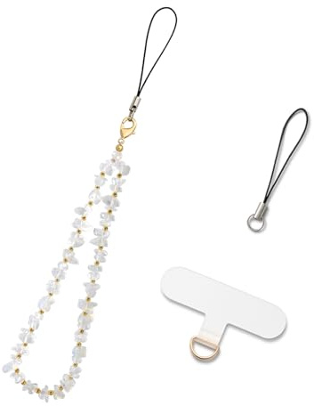 MORSUNBELA Handykette Perlen Handgelenk Kurz Handyband Weiß | Kurze Handykette mit Perlen fürs Handgelenk Handyband,Handyanhänger und Handyschmuck als praktisches Lanyard