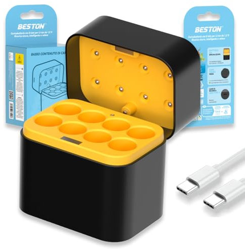 Wiby Caricabatterie da 8 Posti per Batterie Ricaricabili Stilo AA (non incluse) + Slot Magnetico | Ricarica Rapida USB-C