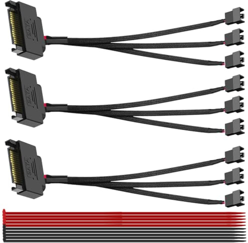 MKBKLLJY 3PCS 15-Pin SATA to 3 PC Fan Power Adapter Cable 10.6inch/27cm 15pin SATA to 3 x 3 pin / 4 Pin PC Case Cooling Fan Splitter Extension Power Cable Adapter Black Sleeved Braided with Cable Tie