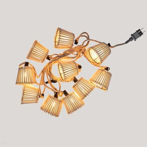 LED Außenlichterkette mit Stecker 5m lang + 3m Kabel IP44 2200 K Bambus Schirme Lichterkette außen Garten Terrasse Balkon Beleuchtung