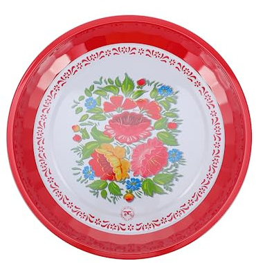 VINTORKY Assiette Émaillée Ronde 35 Cm Rouge Vintage Motif Floral Chinois Multifonctionnelle pour Fruits et Collations Usage Maison Vaisselle Rétro