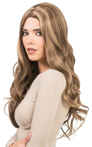 Chaks - Damen Perücke 63 cm Wellig, Blond Braun Synthetik Haar | Lange Wellen mit Mittelscheitel, Festival, Cosplay, Karneval und Party Zubehör, Natürlicher Farbverlauf