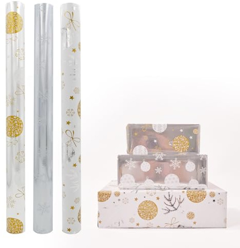 Weihnachts-Geschenkpapierrolle, 3 Rollen, 43 cm x 3 m, Weihnachts-Geschenkpapier, metallisches Geschenkpapier mit Schneeflocken-Weihnachtsbaum-Patten für Weihnachten, Party, festliche Dekorationen