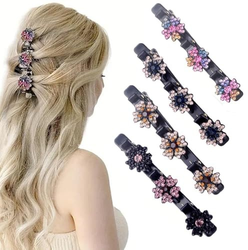2025 Neue Blumen Haarclips, 4 Stück Kristall Haarspangen Damen,Five Leaf Clover Haarschmuck, Geflochtene Haarspange für Mädchen, Stylische Haarklammern für Elegante Frisuren (A)