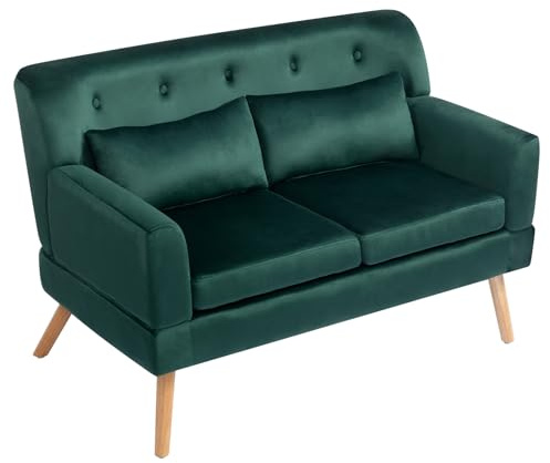 HollyHOME Sofa 2 Plazas Pequeño Sofa de Dos Plazas con Patas de Madera 117cm Terciopelo Relax Sofá para Salon Dormitorio Sala de Estar Oficina, Verde