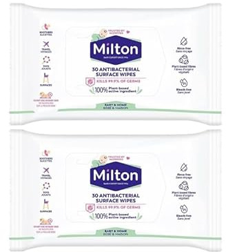 Healthdek Milton Antibacterial Surface Wipes (2 x 30 Wipes) Baby Safe Disinfectant for Toyas Soothers & Highchairs Plant Based No Rinse Formula