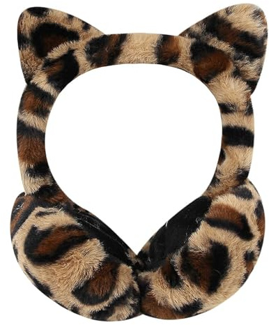 RUIXIA Cache Oreilles Femme Hiver Pliables en Fausse Fourrure Cache Oreilles Imprimé Léopard Mignon avec Motif de Chat
