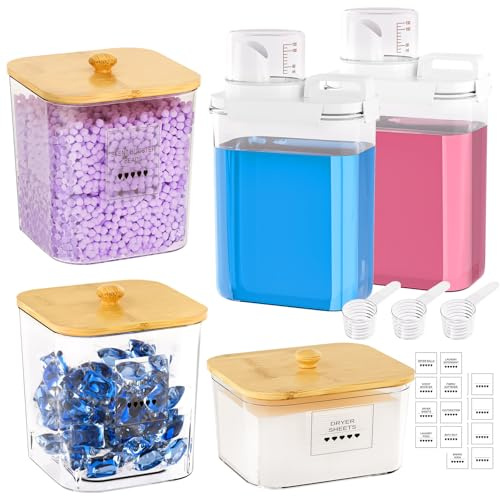Homde Clear Laundry Detergent Dispenser: 3+2 Pack Reusable Pods Container with Lids for Dryer Balls - Plastic Sheets Holder Set for Scent Booster