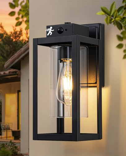 FTL Aussenlampe mit Bewegungsmelder, 3 Beleuchtungsmodi Außenleuchte Wand, Aussenleuchte E27, Aussenbeleuchtung Hauswand, Schwarz Wandleuchte Aussen Dämmerungsschalter Außenlampe für Veranda Yard IP44