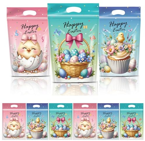 50 Stück Oster-Druckverschlussbeutel, Geschenktüten Ostern mit Griffen, wiederverschließbare Plastik-Bonbonbeutel mit Hasenmotiv für kinder ostern deko (3 Stile)