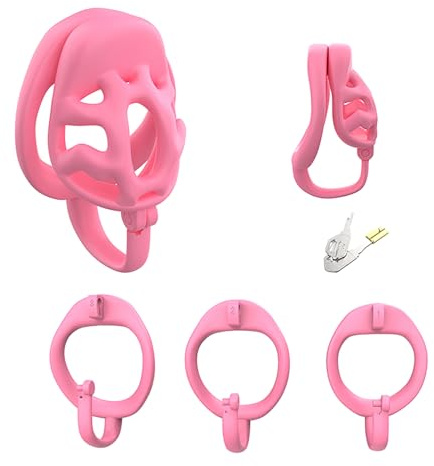 Gabbia di castità per uomini adulti - Design con gancio superiore, set di giocattoli sessuali con gabbia per il pene con 3 anelli fallici, dispositivo di castità maschile (Pink,S)