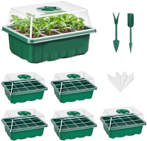 VMDVBNA Semillero Bandeja de Inicio Semillas con Orificio ventilación, 12 Rejillas, Caja Cultivo, Mini Kit Plantas Invernadero para Plantas(Green-5 Pack)
