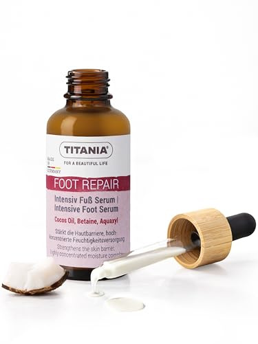 TITANIA Intensiv Fuß Serum, Hochkonzentrierte Pflege für Trockene Füße mit Kokosöl & Betain, COSMOS Natural, Vegan, Mikroplastikfreie Rezeptur, 30 ml Pipette