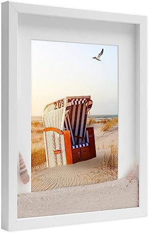 PHOTOLINI 3D Bilderrahmen zum Befüllen 30x40 Weiß groß, 1,5 cm tiefer Objektrahmen mit Glas, tiefer Bilderrahmen 30x40 Holz MDF mit Passepartout, Dicker 3D Rahmen befüllbar für Gegenstände Geschenk