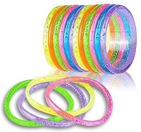 ArtCreativity 6” Liquid Glitter Bracelets - Pack of 12 - Assorted Neon Colored Bangles for Toddlers - 80s Sparkle Glitter Water Jelly Bracelets for Girls and Women - Little Girls Party Favors Bulk