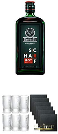 Jägermeister Charakter Scharf Hot Ginger aus Deutschland 0,7 Liter + Jägermeister Frozen Club Shot Glas 2 cl 6er Set + Schiefer Glasuntersetzer eckig 6 x ca. 9,5 cm Durchmesser