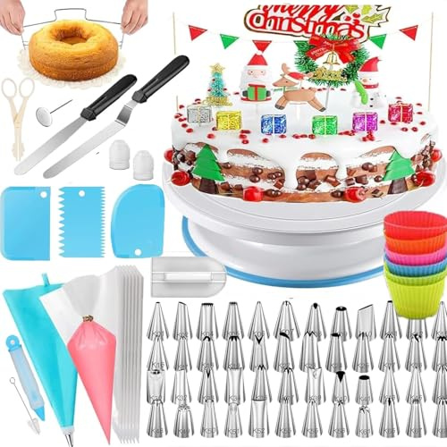 Cake Decorating Kit Tools - 90 Pcs Cake Turntable -Cake Leveller-48 Icing Tips and Piping Bags -Straight and Angled Spatula and Other Baking Set Supplies