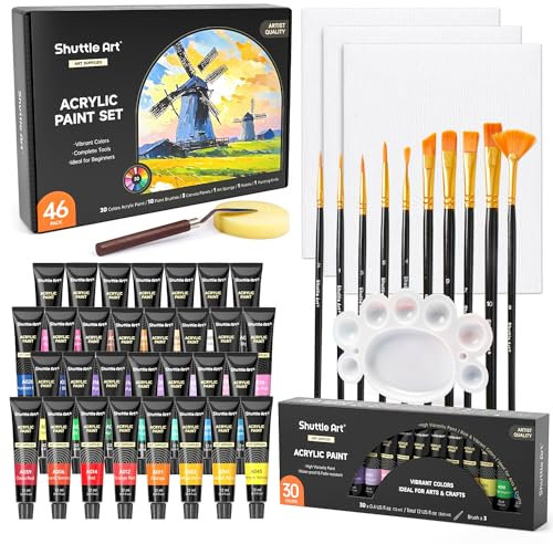 Shuttle Art Colori Acrilici per Dipingere 46 Pezzi, 12ml X 30 Set Colori Acrilici con 10 Pennelli, 1 Paletta, 1 Spugna, 3 Tela, 1 Spatola, Set Pittura Professionale per Principianti, Adulti e Bambini