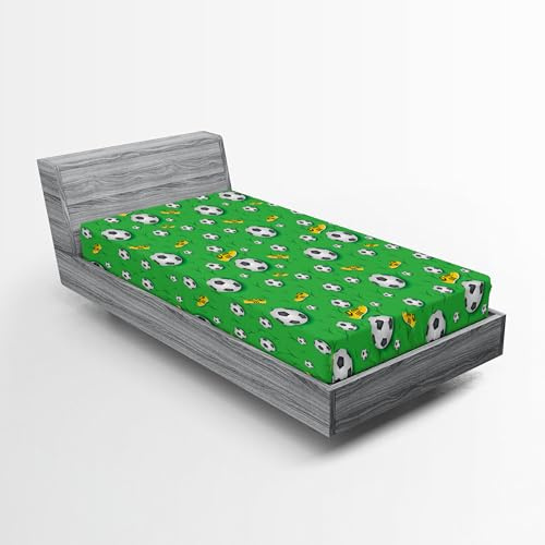 ABAKUHAUS Football Drap-Housse, Chaussures Balles sur l'herbe, Pochette Élastique Tout Confort pour Literie en Tissu Décoratif, 160 x 200 cm, Noir Et Jaune