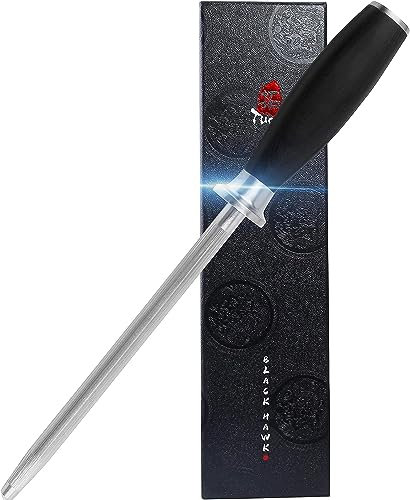 TUO Honing Steel Manual Knife Sharpener 8 inch German High Carbon Stainless Steel Sharpening Rod with Pakkawood Handle-Black Hawk Series
