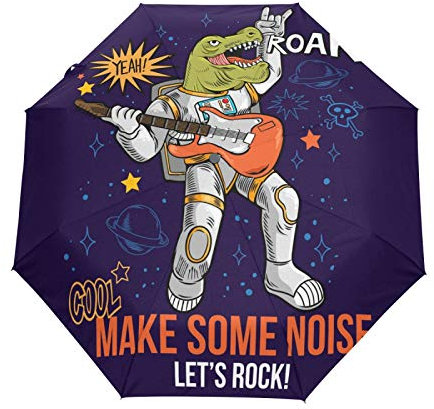 Space Rockstar Dino Dinosaurier Regenschirm Taschenschirm Automatische Reise Winddichte Sonnenschutz Trekkingschirm Wanderregenschirm für Frauen Männer
