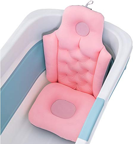 BAIAA Erwachsene Falten Badekissen, Sitzkissen für Erwachsene Badewannenkissen Ergonomisches Spa Neck Support Bath Pillow für Hals Kopf Schultern Schnalle Fest Kann Hängen (Pink)