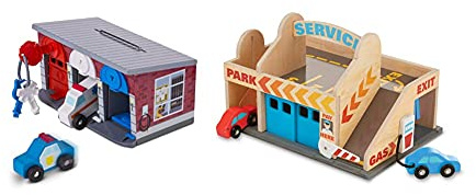Melissa & Doug- Garage Con Veicoli In Legno, Multicolore, 4607 & Garage Con Stazione Di Servizio In Legno, Multicolore, 9271