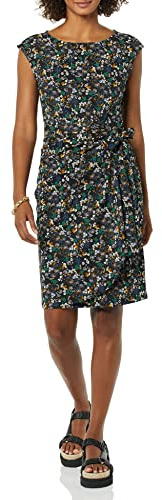 Amazon Essentials dammössa ärm båthals falsk wrap klänning, svart Ditsy blommig, medium