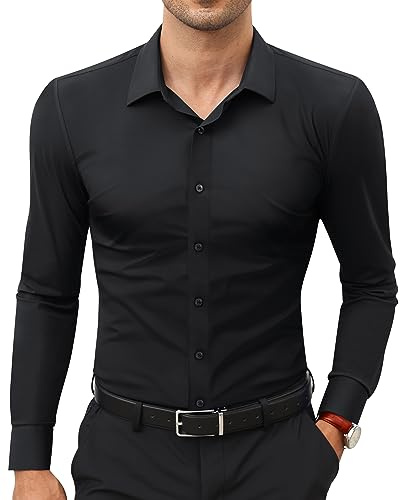 Lion Nardo Slim Fit Black Dress Shirts for Men Wrinkle Free Mens Dress Shirts Long Sleeve Big Muscle Fit Button Up Shirt