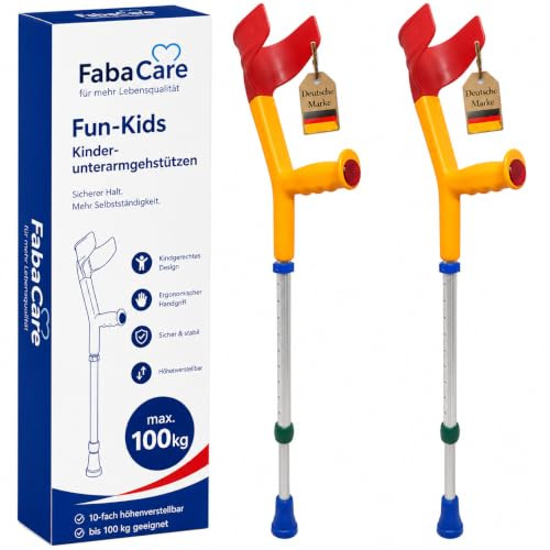 2x FabaCare Krücke für Kinder, Unterarmgehstütze, Gehhilfe höhenverstellbar, leichte Gehstütze, Kinderkrücke bis 100 kg, Gelb Bunt
