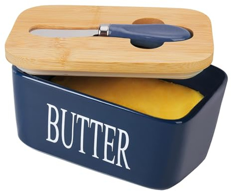 Butterdose mit Deckel, Chasechic Ceramic Butter Keeper mit Deckel und Messer, 500ML luftdicht große Porzellan Butterbehälter Halter ,Dunkelblau