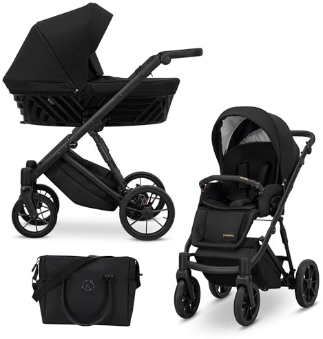Kunert® IVENTO 2 in 1 Kinderwagen Kombikinderwagen komplettset I incl. Babywanne & Buggy Sportsitz mit Wickeltasche/Regenschutz +Fußsack I IVE 12 DEEP BLACK/BLACK FRAME