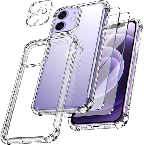 New&Teck Schutzhülle für iPhone 12/12 Pro + 2 x [Hartglas-Displayschutz] und [1 x Schutzkamera] aus transparentem TPU-Silikon [Bumper mit verstärkten Ecken], klarer Schutz.